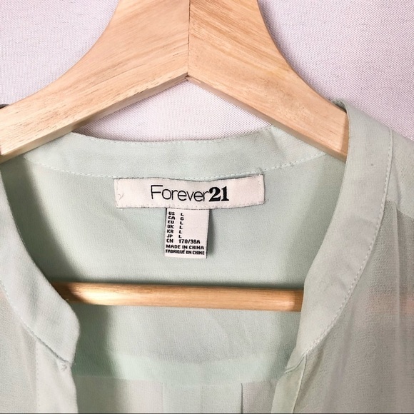 Forever 21 Mint Green Button Down Sheer Professional Long Sleeve Blouse L - Picture 5 of 7